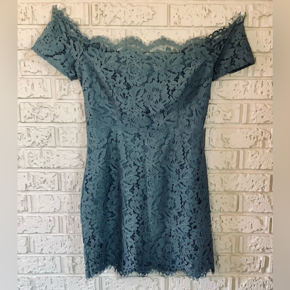 TOBI Teal Lace Mini Dress - Off Shoulder with Lace-up Back